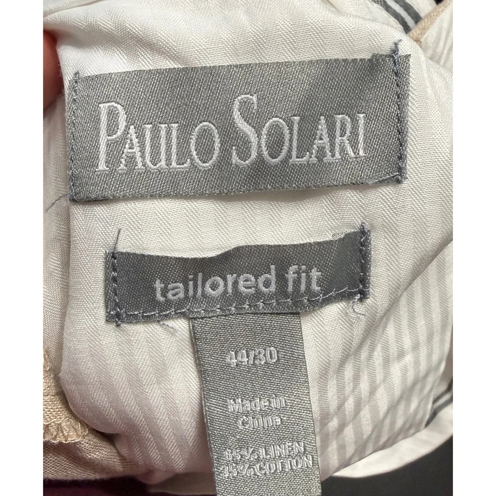 Paulo Solari Mens Tan Linen Blend Tailored Fit Dress Pants 44x30 Flat Front